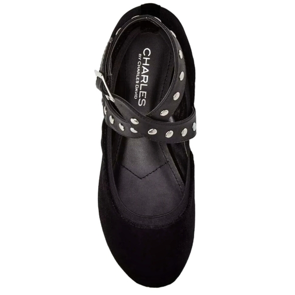 CHARLES DAVID Stud Ballet Flat Black Velvet Ankle Strap Whimsigoth NWOT 7.5 - Picture 2 of 8